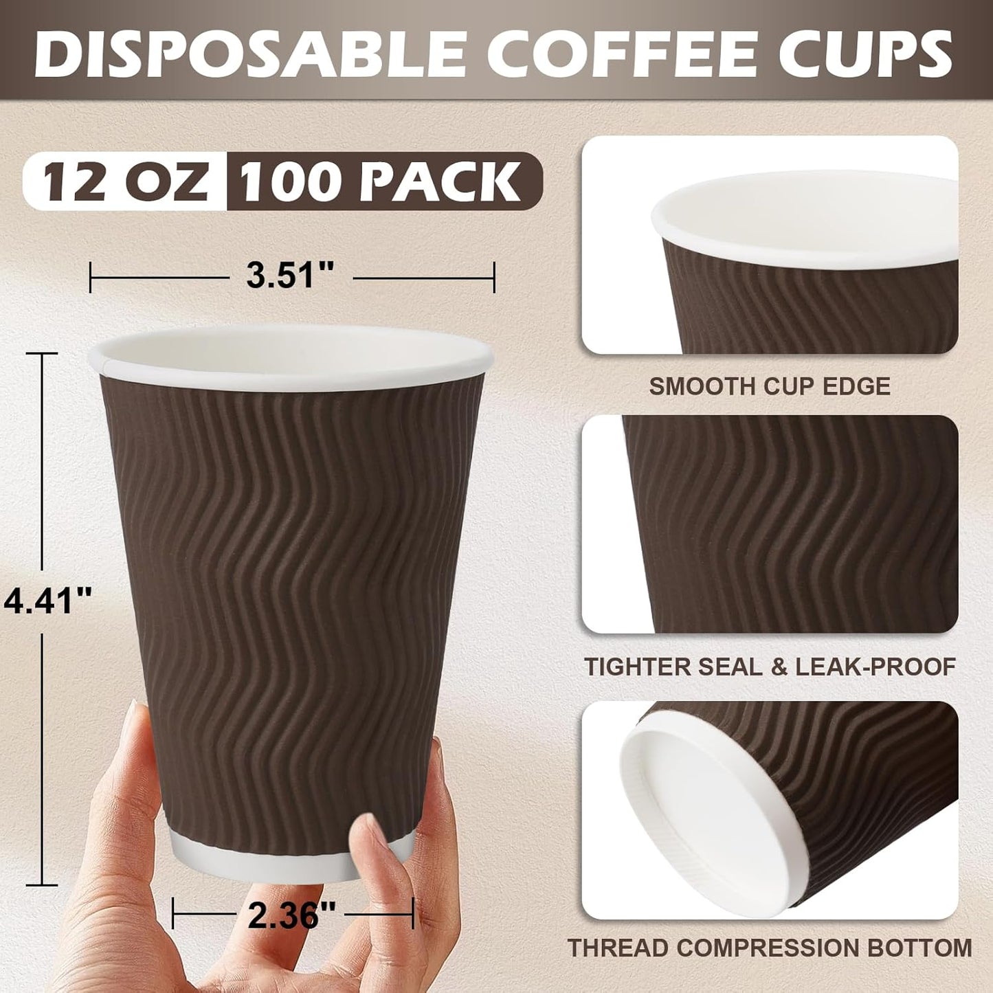 12 oz Coffee Cups Disposable, 100 Count Insulated Paper Coffee Cups, Corrugated Ripple Wall Design Paper Cup, Hot Cold Drinking Cup for Party, Picnic, Travel, Business, Home