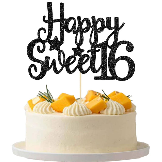 Gyufise 1Pc Happy Sweet 16 Cake Topper Glitter 16th Birthday Cake Pick for Cheers to 16 Years Old 16th Birthday Party Cake Decorations Supplies Black