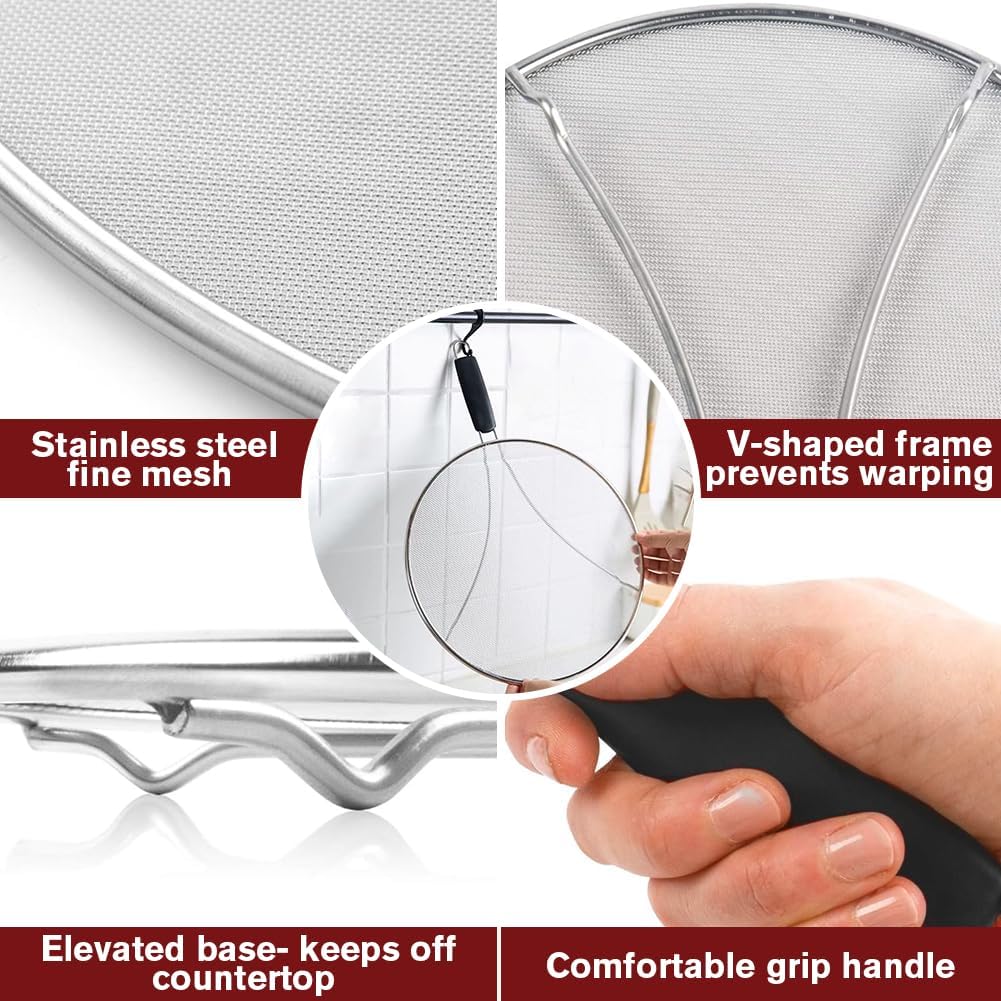 Splatter Screen for Frying Pan & Food Strainer,13 Inch Stainless Steel Grease Splatter Guard,Shield from Splashing Oil, Dishwasher Safe(Black)