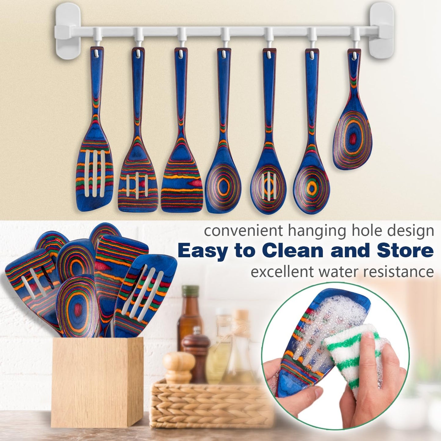 Kitchen Pakkawood Wooden Spoons for Cooking – 7-Piece Kitchen Utensil Set with Spatula, Corner Spoon, Rice Paddle – Nonstick Safe Durable Wooden Cooking Tools for Home Kitchen (Spectrum) by Howhong