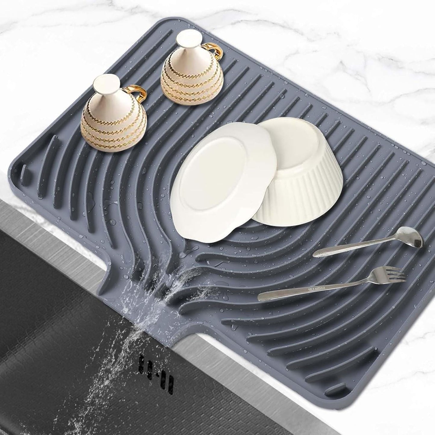 Silicone Dish Drying Mat for Kitchen Counter, (Grey, 18 x12 Raised Sink), Easy Clean Pad for Countertop Protection, Fast Self-Draining Slope, Non-Slip, Multiple Use