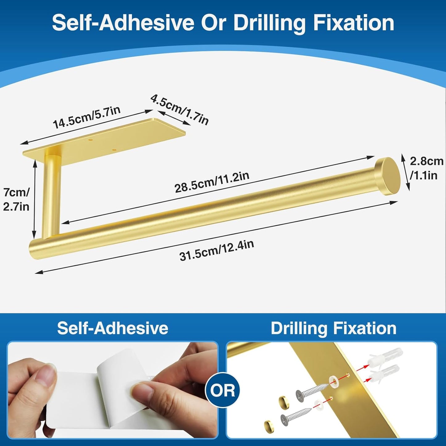 Paper Towel Holder - Self-Adhesive or Drilling, Gold Wall Mounted Rack - SUS304 Stainless Steel Kitchen Roll Holder Under Cabinet (2 Pack)