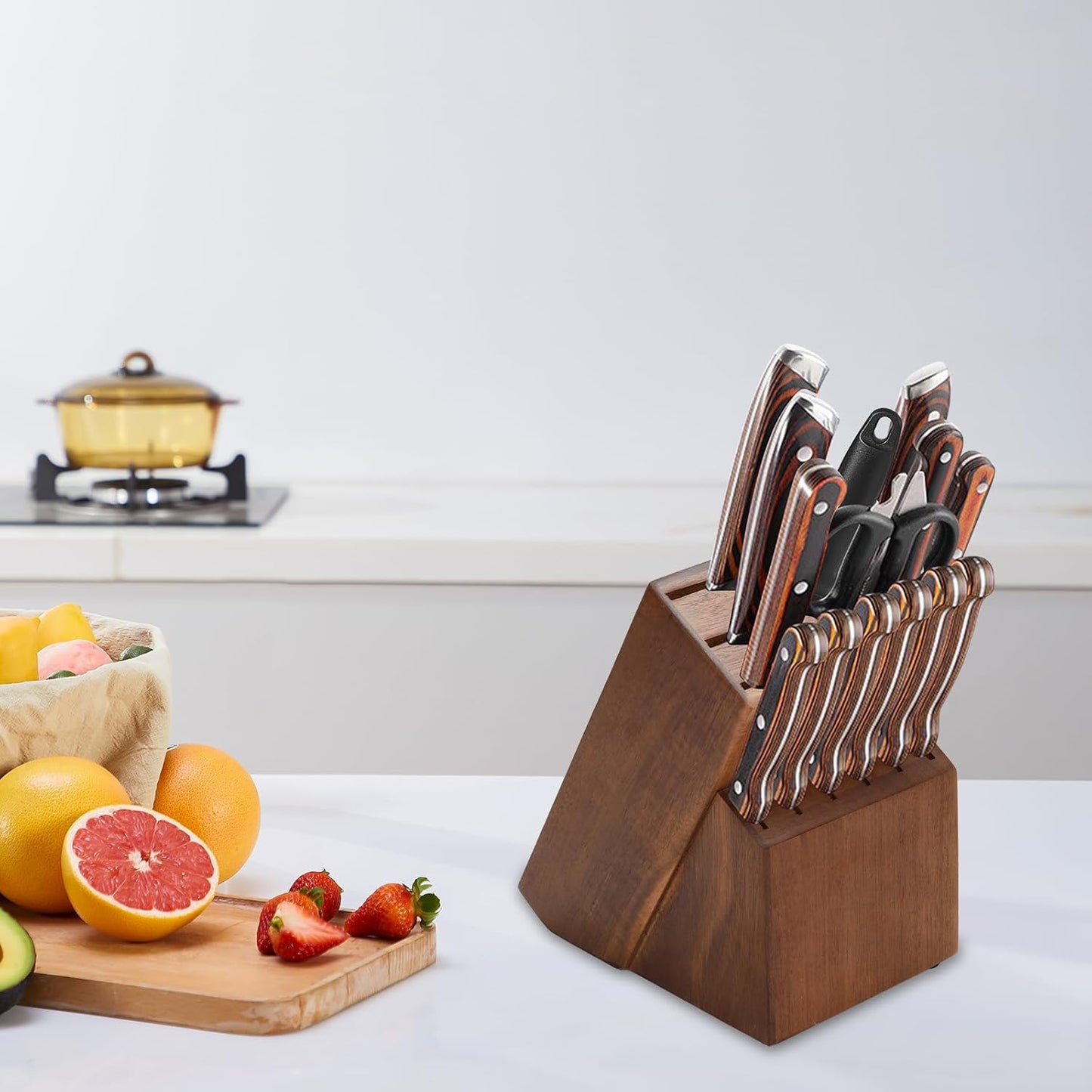 Wood Kitchen Knife Block, Universal Kitchen Knife Holder Kitchen Knife Storage Rack 14 Slots Knife Holder