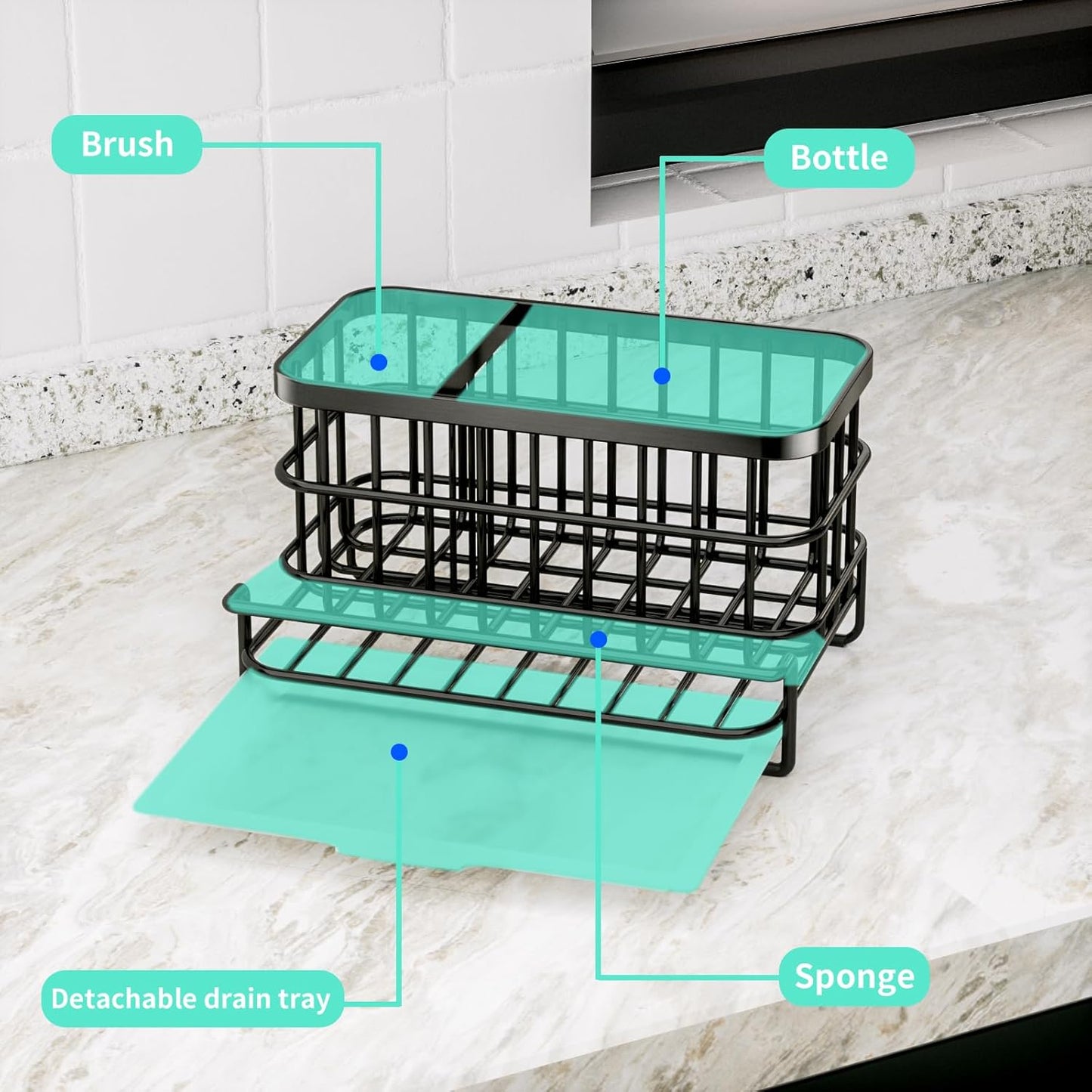 HapiRm Kitchen Sink Organizer, SUS304 Stainless Steel Rustproof Multifunctional Sink Caddy with Sponge Holder and Drain Tray for Kitchen Countertop (Black)