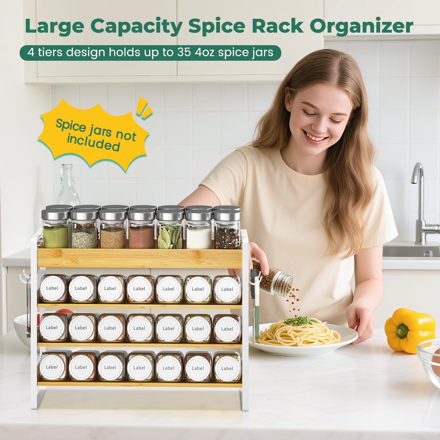 EsLuker.ly Spice Seasoning Rack Organizer Kitchen Countertop, 4 Tier Bamboo Spice Shelf Holder Storage with 4 Hooks, Wall Mounted Freestanding Stand for Pantry, Bamboo-White(Jars Not Included)