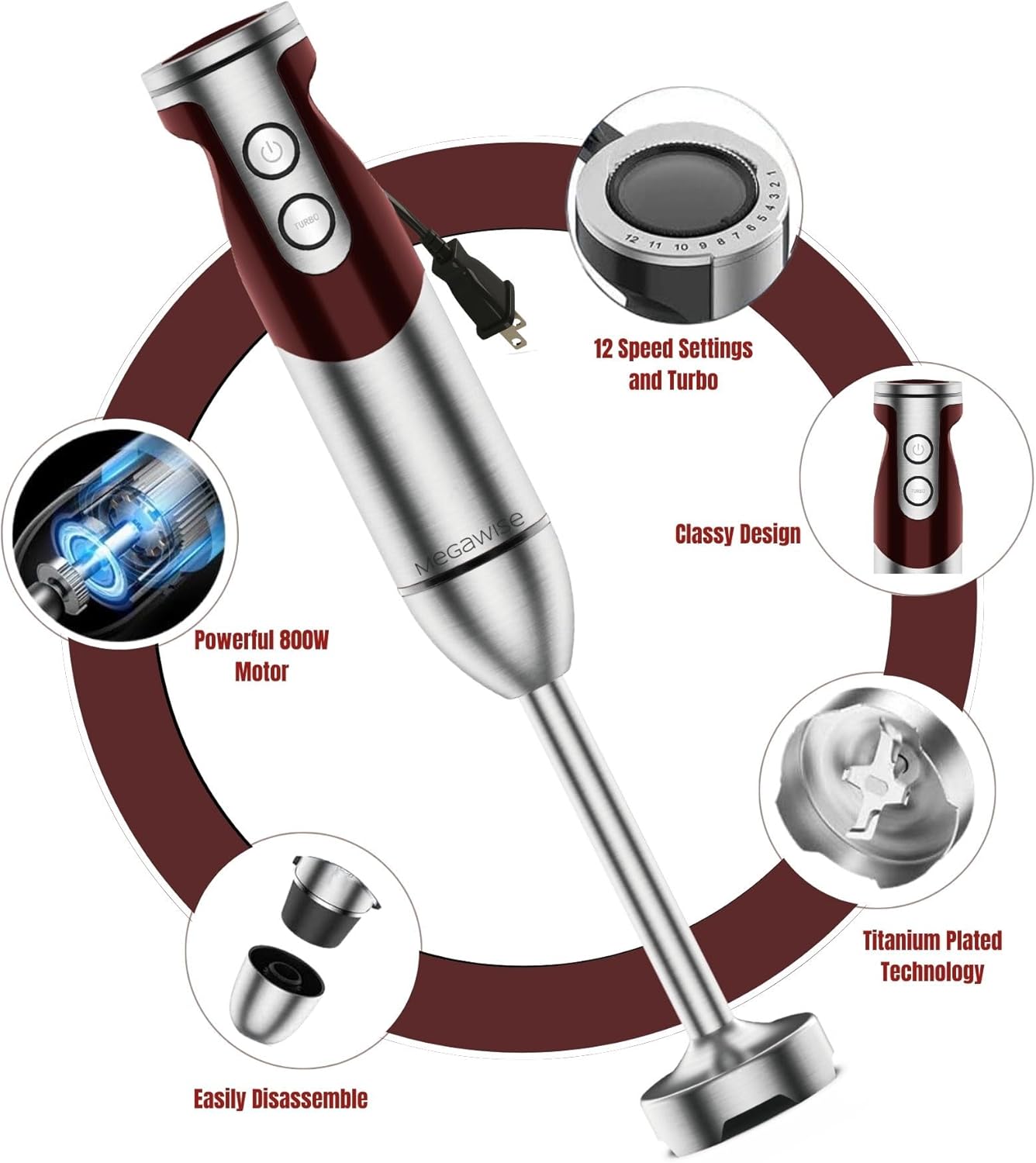 3- in-1 Immersion Hand blender, Powerful MOTOR & Stainless Steel Stick Blender, 4 Sharpe Blades with Whisk, Milk Frother Attachments