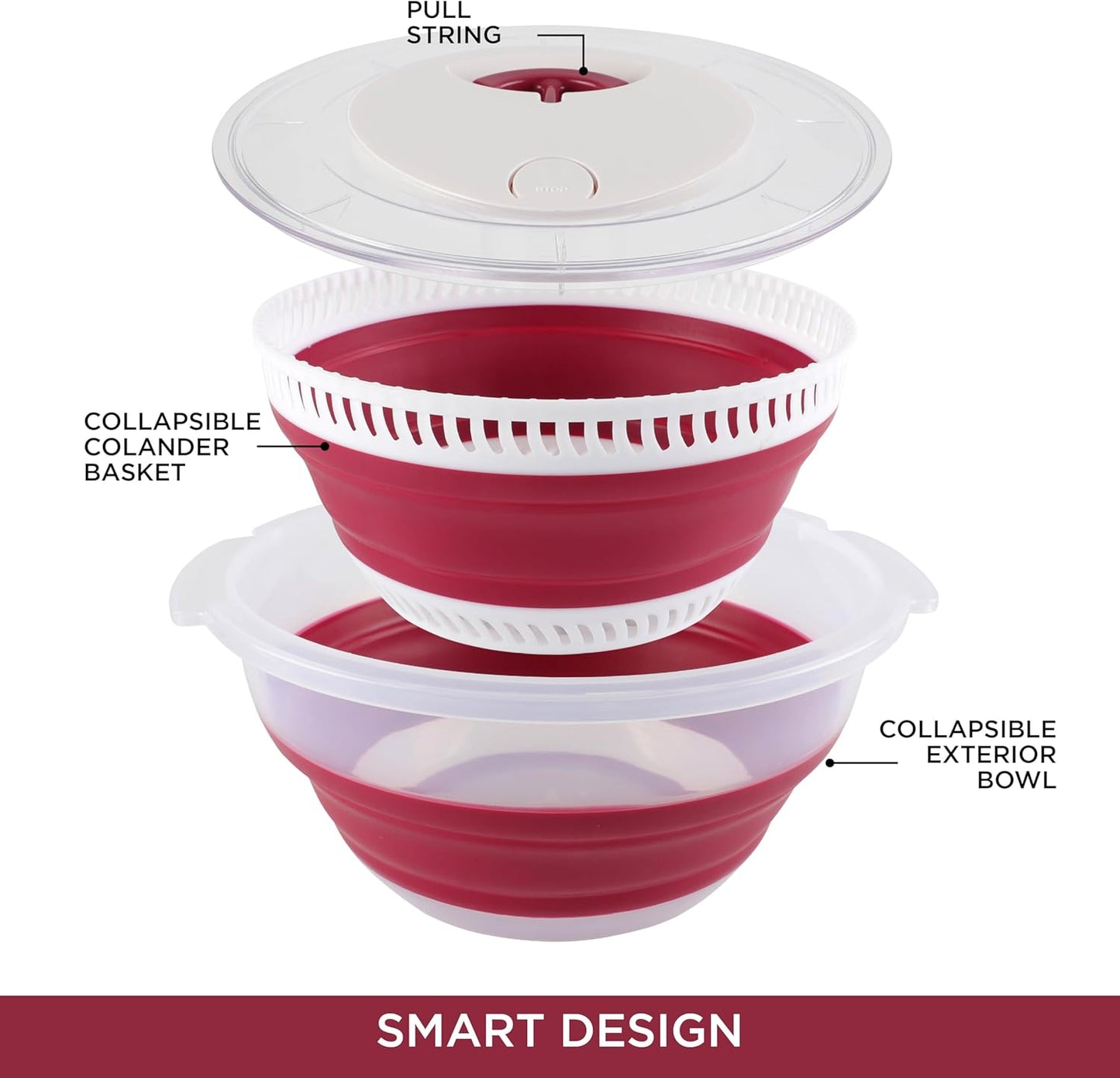 COOK WITH COLOR Collapsible Salad Spinner - 4 QT Space Saving Lettuce Dryer with Folding Collapsible Colander Great for Washing and Drying Fruit and Vegetables (Rose)