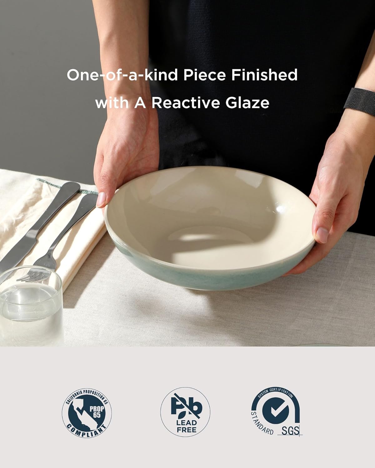 famiware 8.7" Large Pasta Bowls Set of 4, 34oz Stoneware Salad Bowl Serving Plate Bowls, Bowls for Pasta, Fruits, Salad, Noodle, Soup, Dinner- Microwave Dishwasher Safe, Glacier Series, Aqua