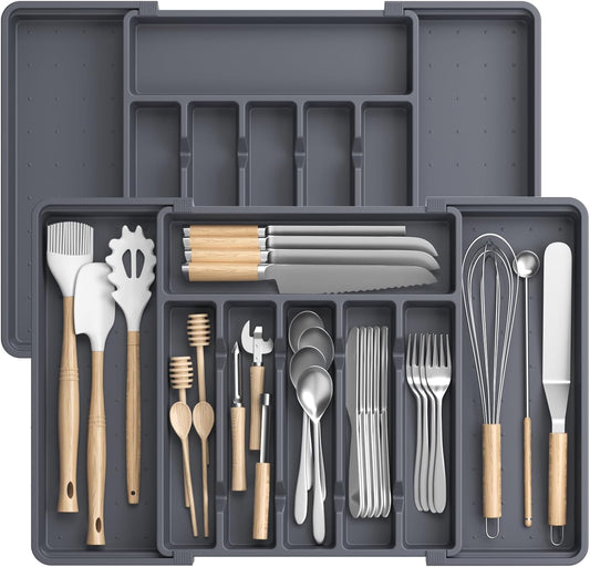 Large Silverware Organizer,Expandable Utensil Drawer Organizer,BPA Free Utensil Holder,Adjustable Silverware Tray Cutlery Drawer Organizer for Kitchen Flatware,Large,Grey,2 Pack