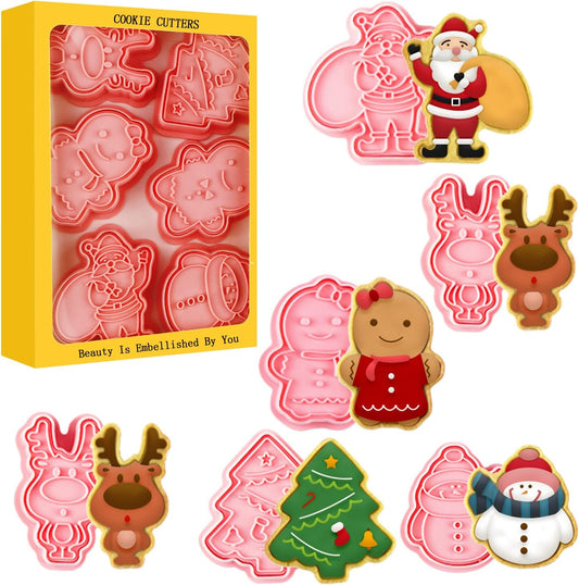 Leesgel Christmas Cookie Cutters, 3D Christmas Holiday Cookie Cutters Shapes with Santa/Xmas Tree/House/Deer, Christmas Party Decorations Ornaments