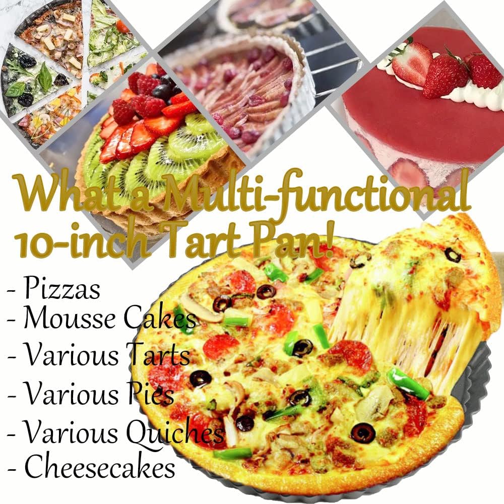 10 Inch Nonstick Tart Pan with Removable Bottom, Carbon Steel Quiche and Pie Pan- 1.1-Inch Depth, Fluted Edges for Baking Tarts, Quiches, Mousse Cakes, and Desserts