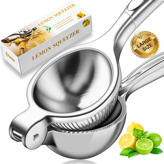Vakoo Lemon Squeezer - Large, Heavy-Duty, Sturdy Metal Manual Juicer for Lemon, Lime & Citrus, Hand Press for Maximum Juice Extraction - Large, Silver