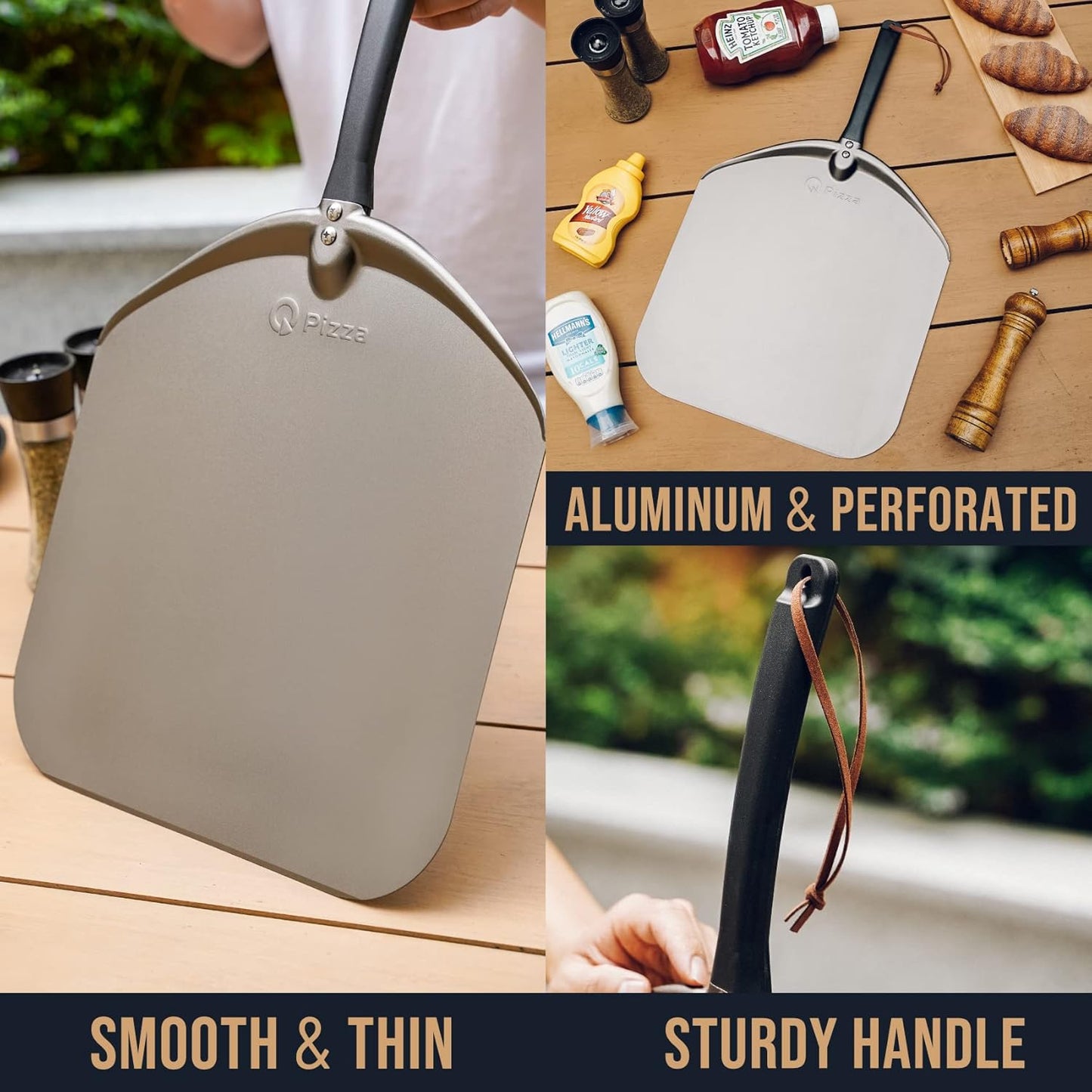 Q Pizza Aluminium Pizza Peel 14 inch, Extra Large Metal Pizza Turning Paddle, Non-stick Pizza Spatula for Grill Oven Baking Bread Pastry Dough Pie Cake, PT205