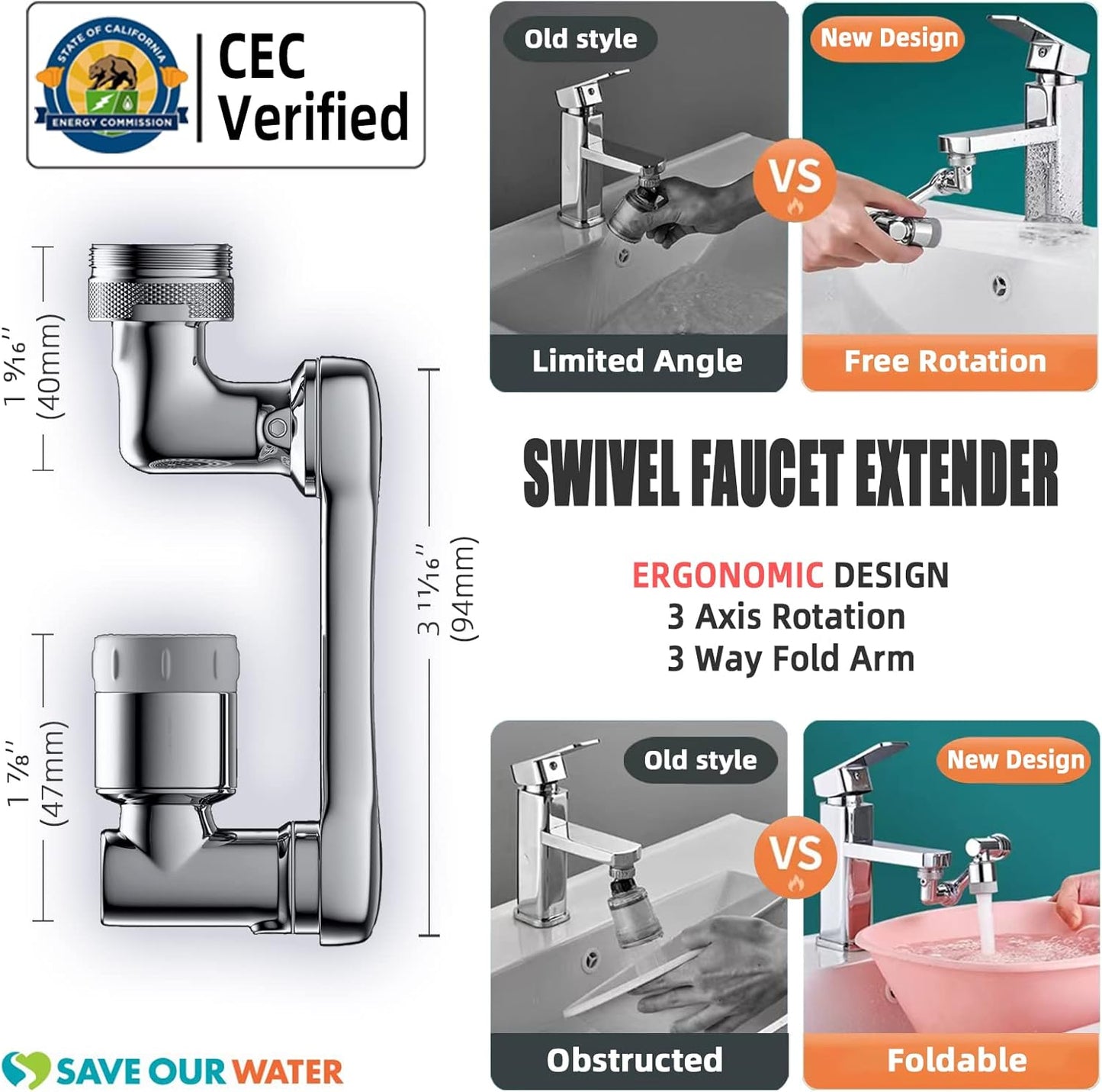 Swivel Sink Faucet Extender with 3 Axis Rotation, Butalso 3 Way Foldable Splash Filter Faucet Aerator, Kitchen/Bathroom Sink Adapter Sprayer Attachment for Gargle, Eyewash and Rinse