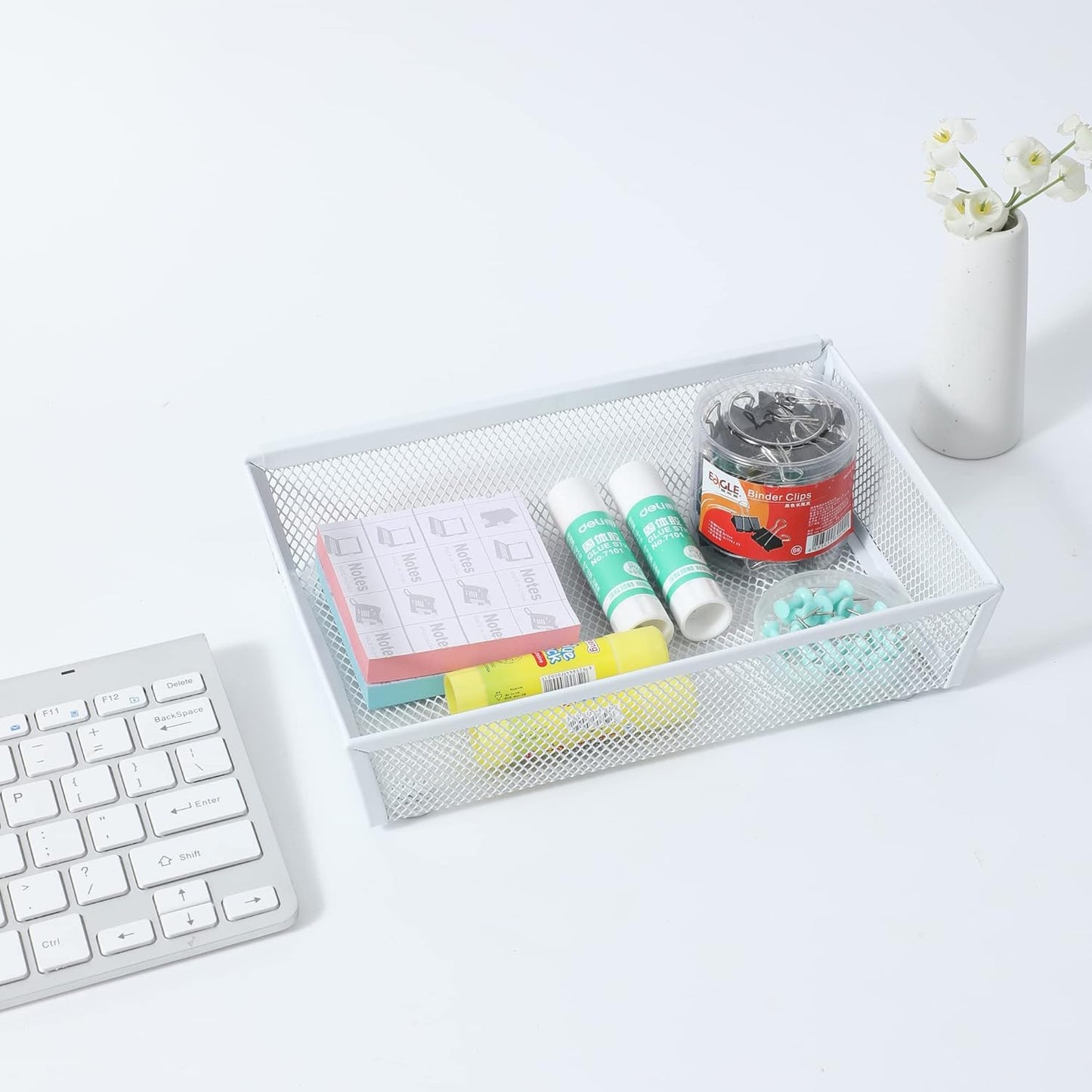 Mesh Tray Kitchen Drawer Utensil Cutlery Tray Office Supplies with Inter-locking Arm Drawer Dividers Organizer for Silverware, Flatware, Home,Office, School,Bedroom(9＂X6＂4pack) White