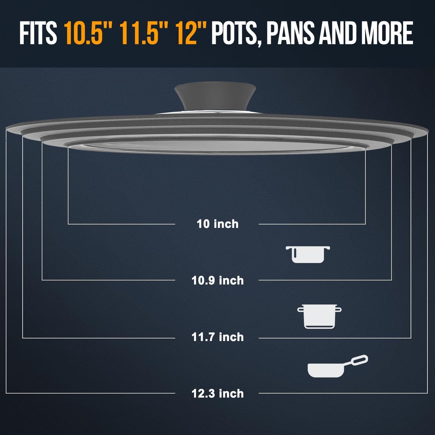 Walfos Universal Lid for 10.5", 11.5" and 12" Diameter Cookware, Fits Pots, Pans and Skillets - Walfos Tempered Glass Pan Lid with Heat Resistant Silicone Rim, BPA Free Pot Lids, Dishwasher-Safe, Gray