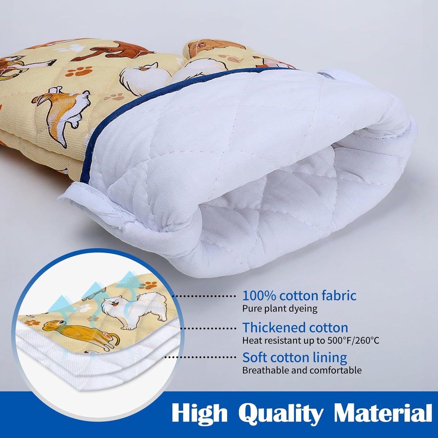 Dogs Oven Mitts and Pot Holders Sets 100% Cotton Heat Resistant, Extra Long Oven Gloves Potholder for Kitchen Cooking Baking Housewarming