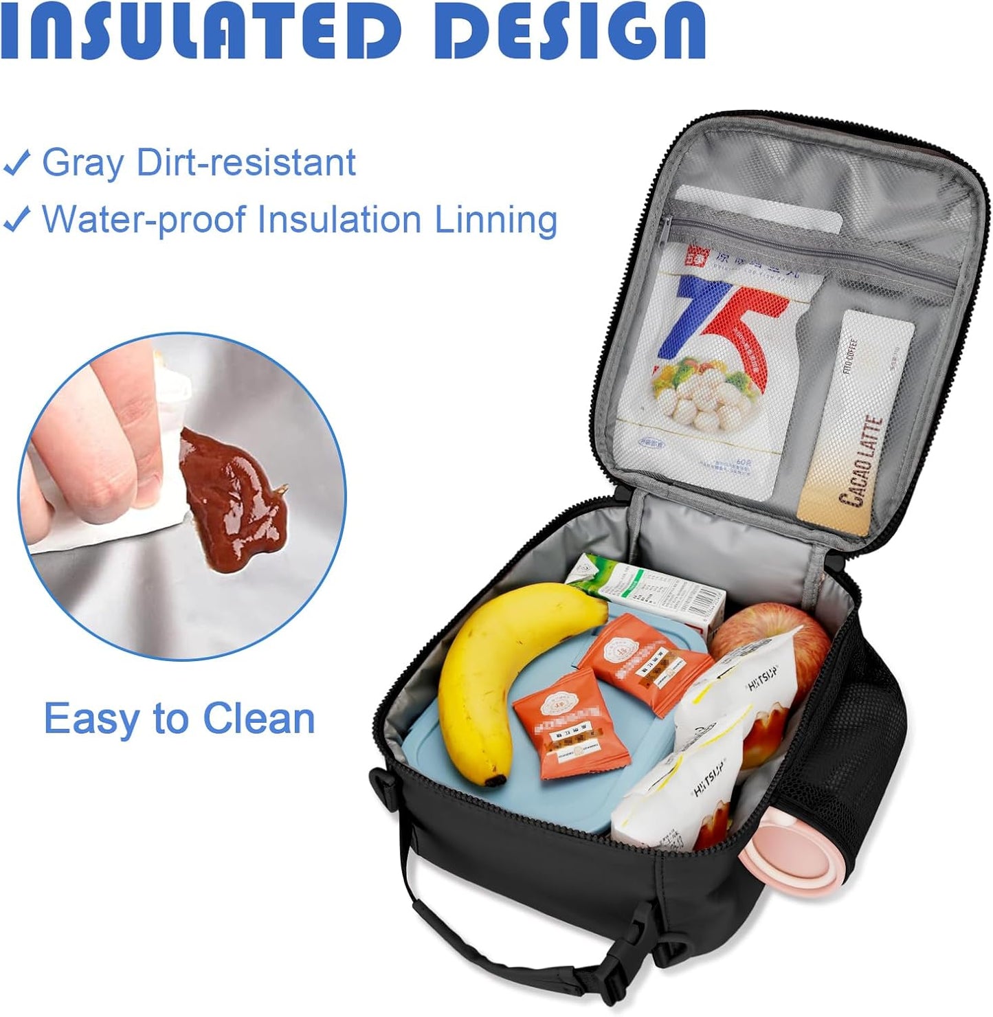 Initial Insulated Lunch Bag for Boys Kids, Back to School Gift, Reusable Leak-proof Lunch Box with Adjustable Strap for School Daycare Travel Picnic（Black，T）