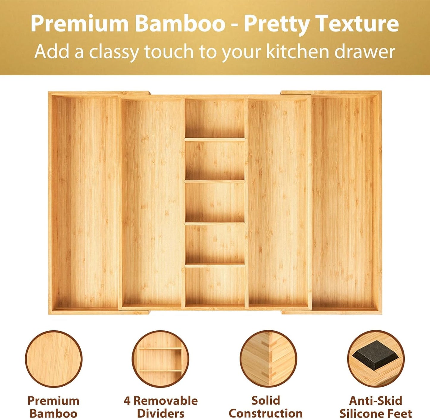 Umilife Extra Large Expandable Kitchen Drawer Organizer for Utensil and Junk, 19" Deep for Big Drawer, 17" to 28" Adjustable Bamboo Wood Drawer Divider, Cutlery Tray, Flatware Holder