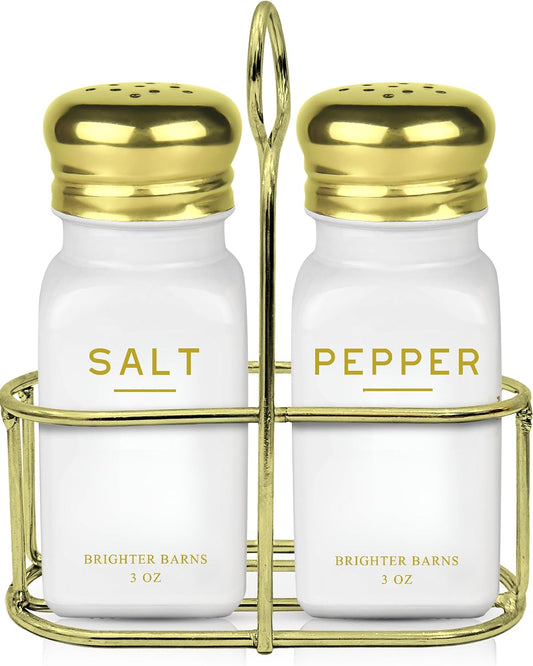 Luxury Salt and Pepper Shakers Set with Holder by Brighter Barns - Modern Kitchen Essentials, White and Gold Kitchen Accessories - Vintage Glass Shakers with Caddy for Restaurant, Airbnb (White/Gold)
