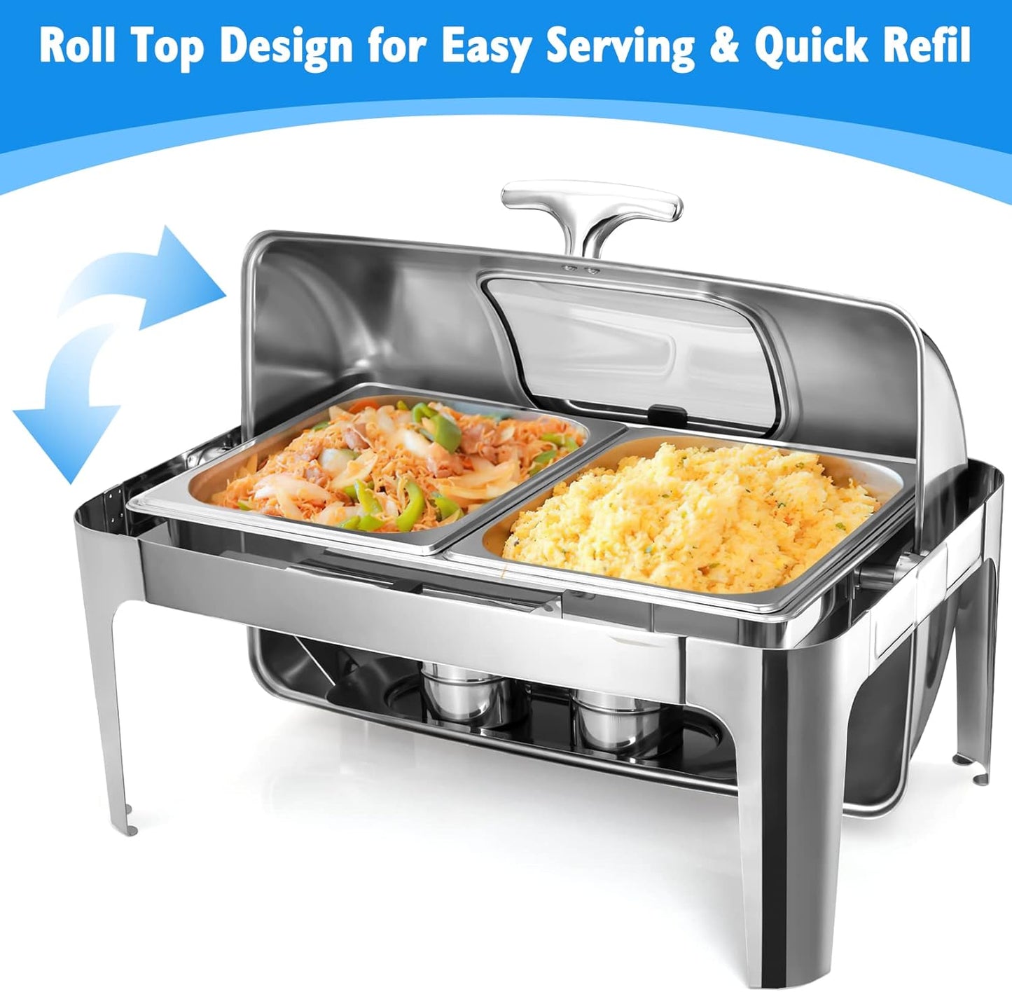 Chafing Dish Buffet Set, 9 QT Stainless Steel Roll Top Chafing Server Set, Food Warmers for Parties