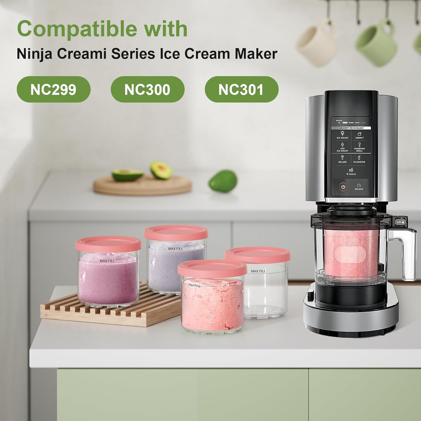 4 Pack Creami Pint Containers and Lids for Ninja with 4 spoons and writable labels, Compatible with Ninja NC299 NC300 NC301 Series Creami Maker Machine Accessories, BPA Free & Dishwasher Safe, Pink