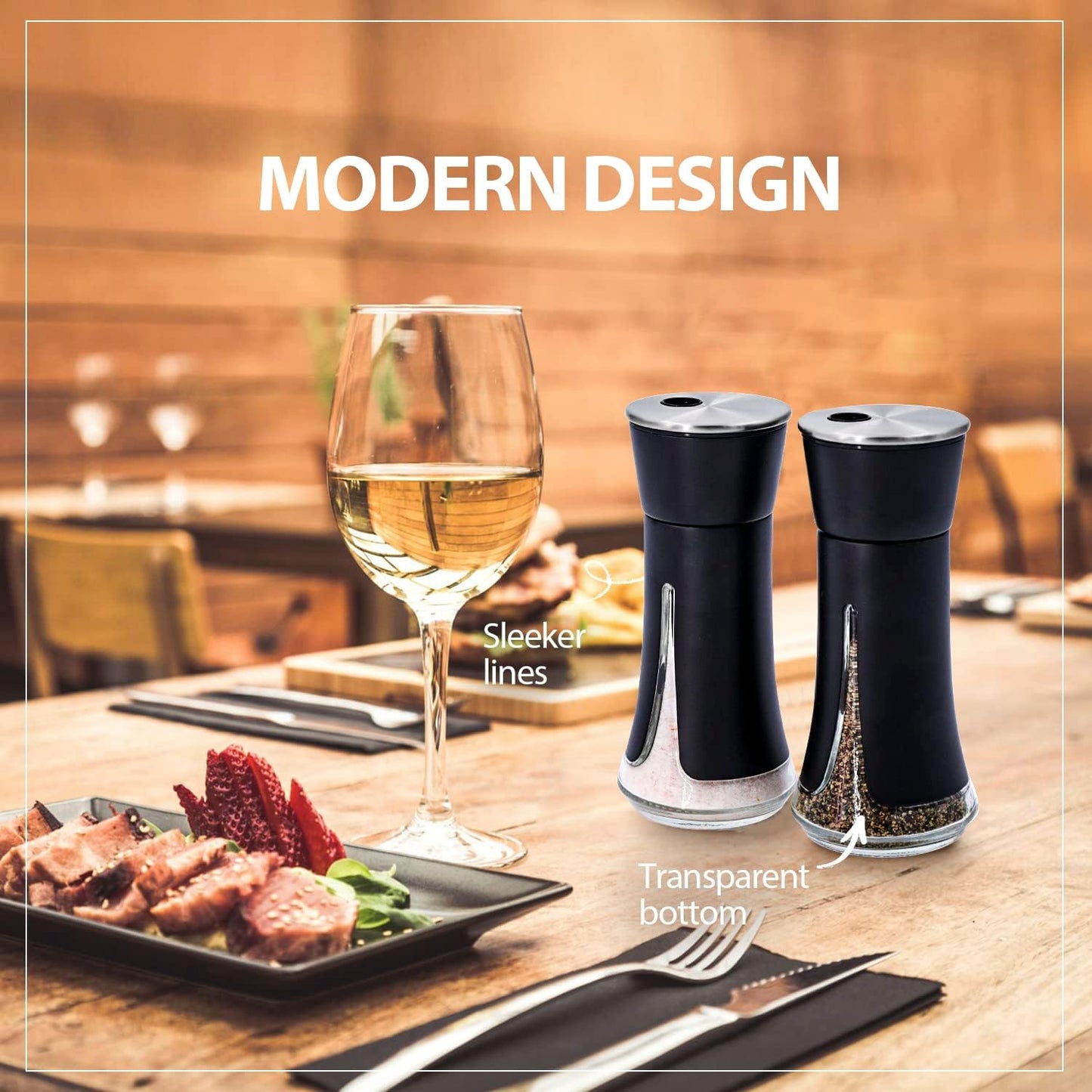 Black Salt and Pepper Shakers by Aelga, Salt Shaker with Adjustable Pour Holes, Black Kitchen Accessories, Decor for Kitchen,Restaurants,Camp,BBQ