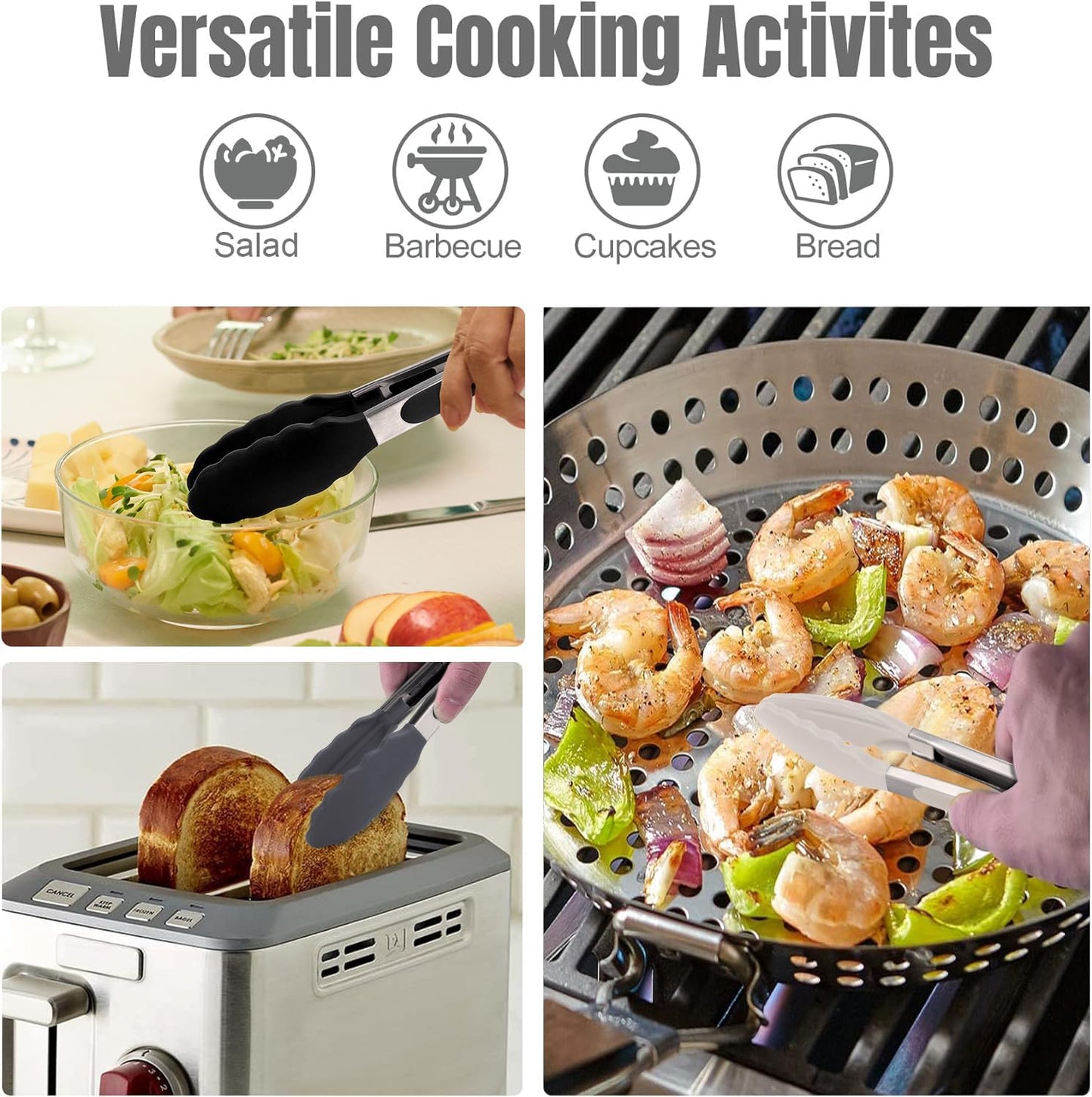 Hotec Silicone Kitchen Tongs for Cooking 9-Inch Serving Tongs with Silicone Tips, Set of 3 (Black Grey Khaki)