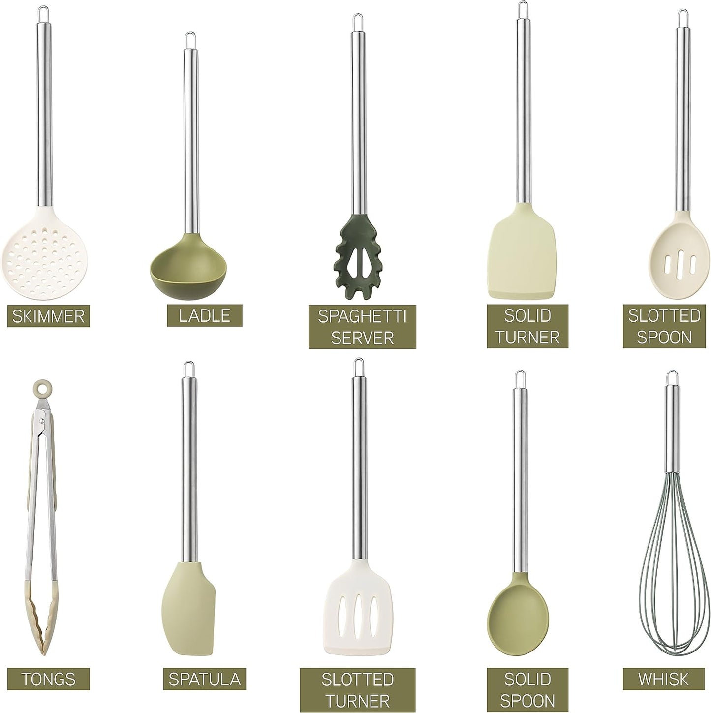 COOK WITH COLOR Silicone Cooking Utensils, Kitchen Utensil Set, Easy to Clean Silicone Kitchen Utensils, Cooking Utensils for Nonstick Cookware, Kitchen Gadgets Set, 10 Pieces, Green