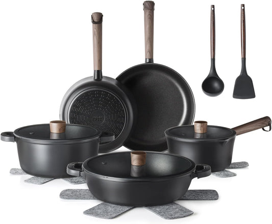 SENSARTE Nonstick Cookware Set Pots and Pans Set Kitchen Non-stick Cooking Set, Dishwasher & Oven Safe, Induction Compatible, Free of Intentionally Added PFOA/PFOS, 15pcs, Black