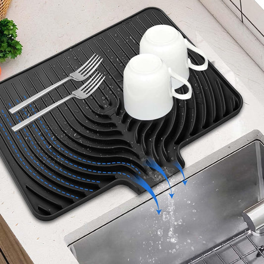 Silicone Dish Drying Mat for Kitchen Counter with Built-in Drain, Easy Clean Pad for Countertop Protection, Fast Self-Draining Slope, Non-Slip, Multiple Use 17.7 x 11.8 Inch (Black)