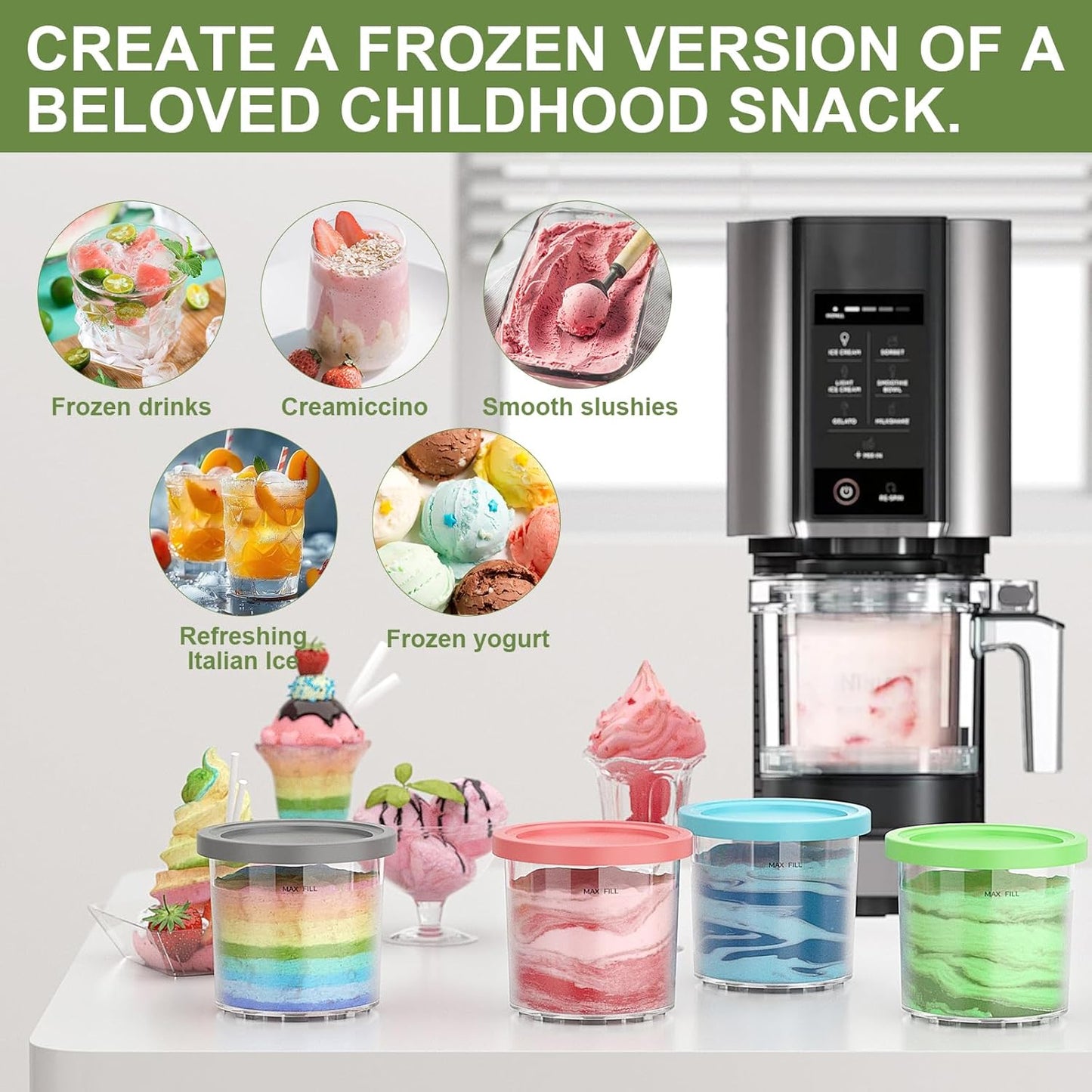 Containers Replacement for Ninja Creami Pints and Lids - 4 Pack,16oz Ice Creamy Containers Cups Jars Canisters Set Compatible with NC299AMZ & NC300s Series Ice Cream Maker- 4 Pack Pink Grey Blue