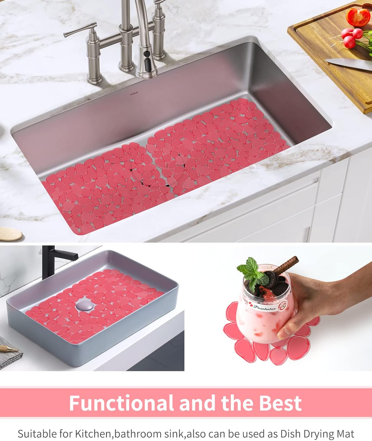 Bligli Pebble Sink Mat for Stainless Steel/Ceramic Sinks, PVC Eco-Friendly Sink Protectors Mats for Bottom of Kitchen Sink, Dish Drying Mat for Dishes and Glassware, 15.7 x 11.8 inch, Red