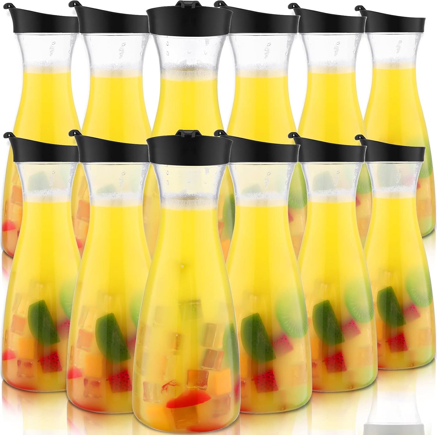 Xinnun 12 Pcs Water Carafe with Flip Top Lid Plastic Carafe with Black Lid Clear Plastic Water or Juice Beverage Pitcher Beverage Pitcher Jug for Restaurant Party School Bar Juice Milk Coffee