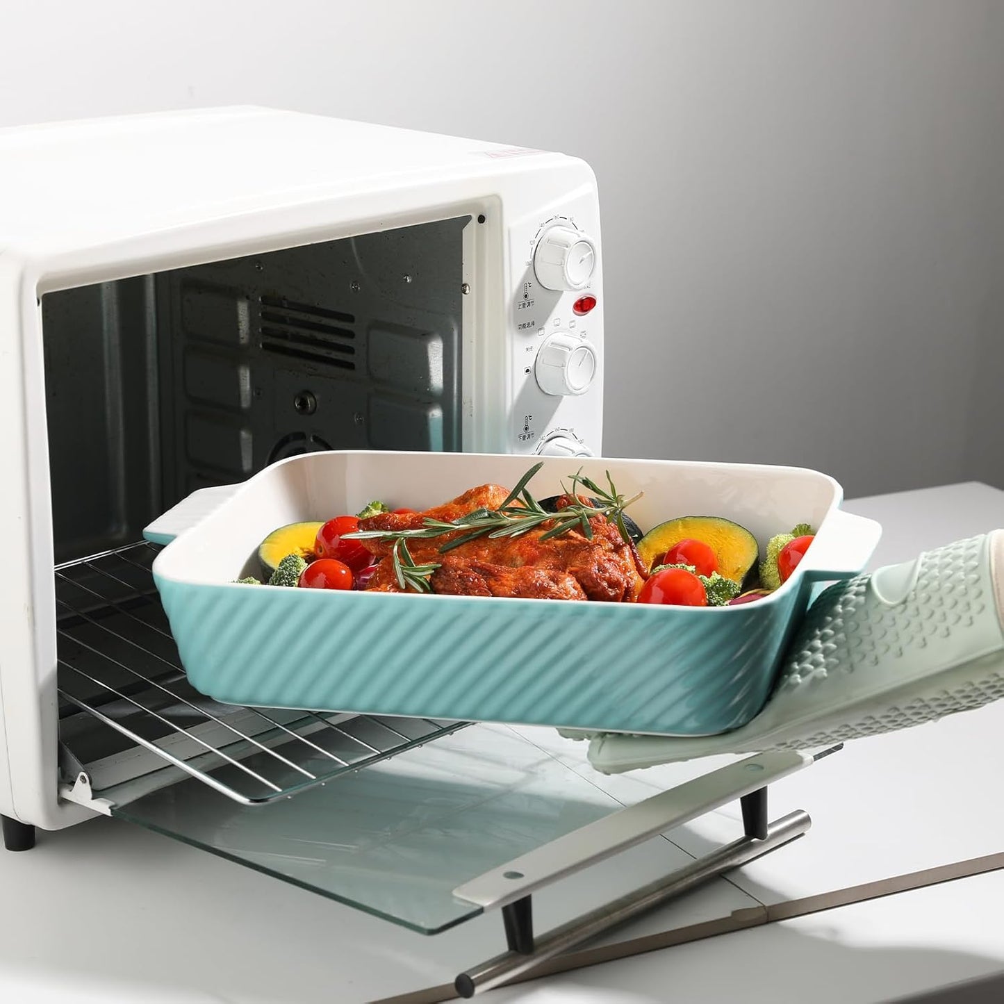 Sweejar Ceramic 13 x 9 Baking Pan, Cake Baking Dish for Brownie, Porcelain Striped Casserole Dishes for Oven with Handle for Lasagna, Family Dinner(Turquoise)