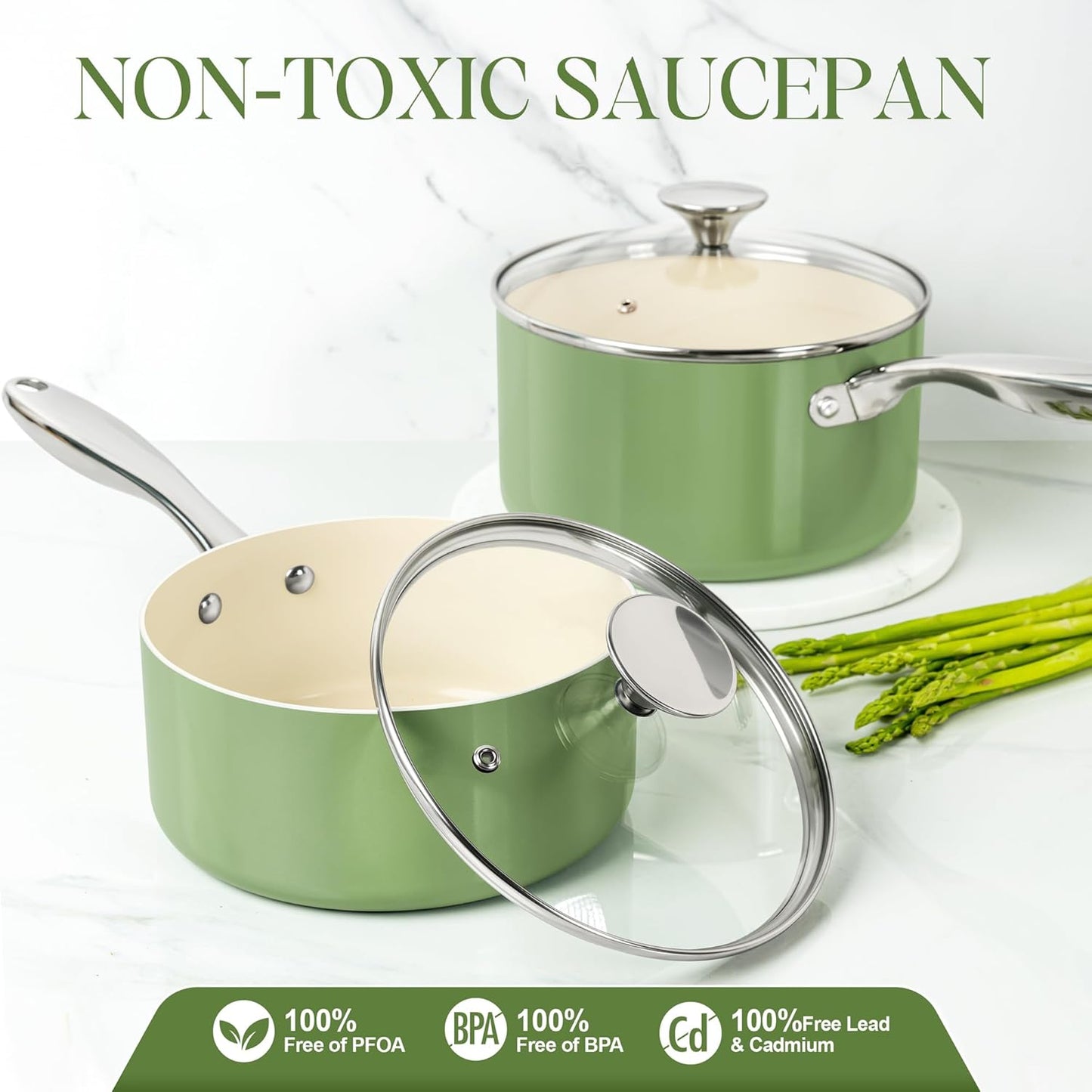 MICHELANGELO 3 Quart Saucepan with Lid - Non Toxic Sauce Pan with Nonstick Ceramic Coating, Scratch-Resistant, Induction Saucepan Suitable for All Stovetops, Green