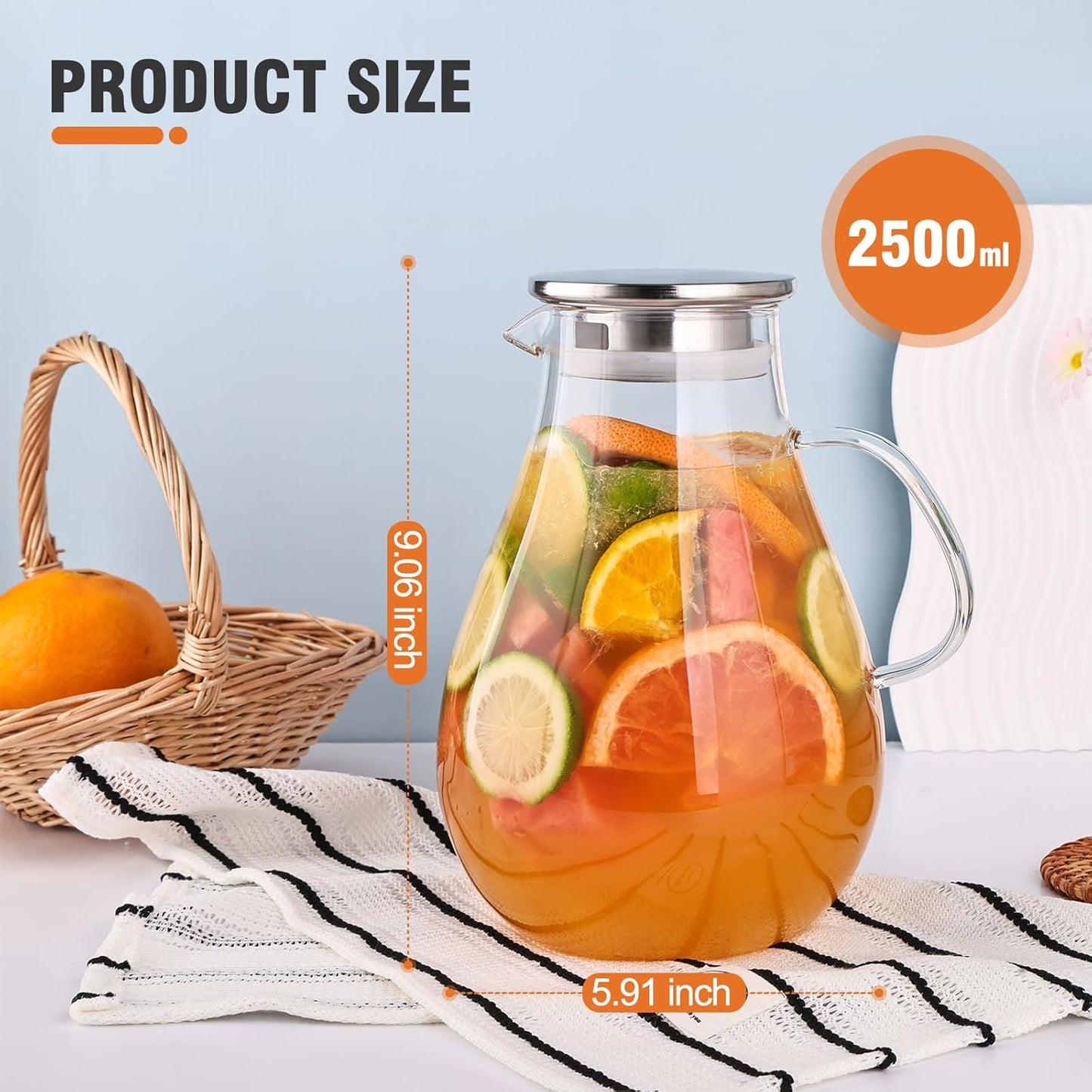 2500ml Glass Pitcher with Lid, 88 Ounces with Precise Scale Line, Hot/Cold Water Jug, Juice and Iced Tea Beverage Carafe with Lid