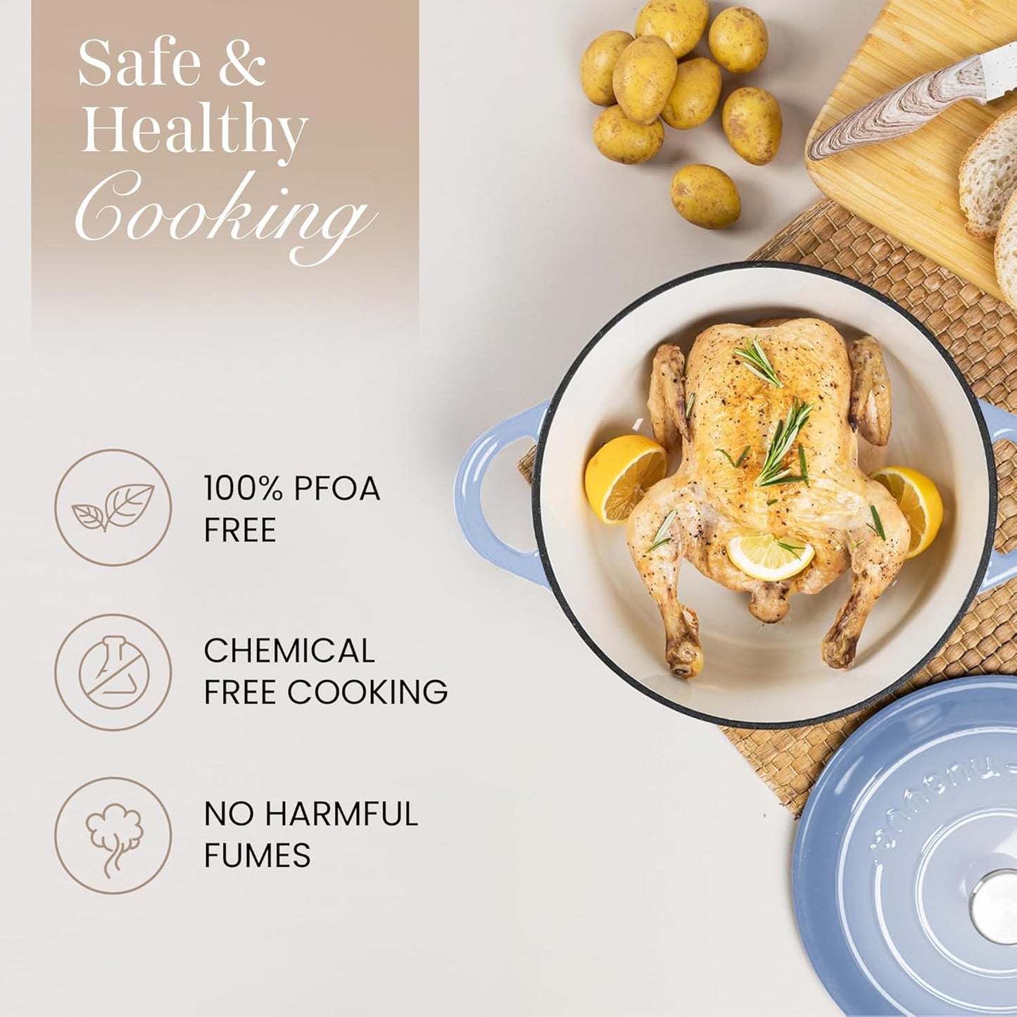 Nuovva Enamelled Cast Iron Dutch Oven Pot with Lid 6.4 Quart Non Stick Casserole Pot – Heavy Duty & Oven Safe up to 500° F for Bread Baking, Braising, Stews, Roasting – 28cm Costal Blue