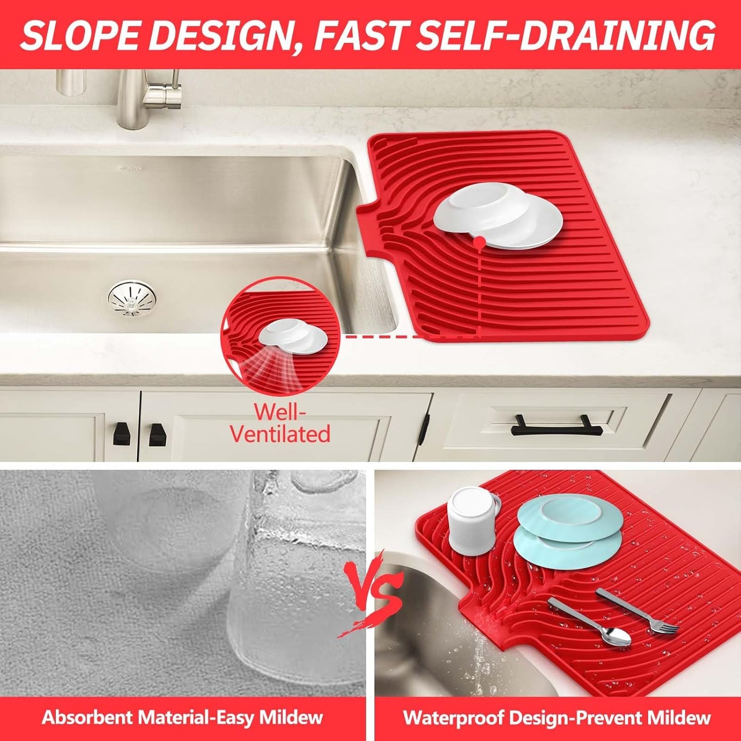 Silicone Dish Drying Mat for Kitchen Counter with Built-in Drain, Easy Clean Pad for Countertop Protection, Fast Self-Draining Slope, Non-Slip, Multiple Use 17.7 x 11.8 Inch ( Red)