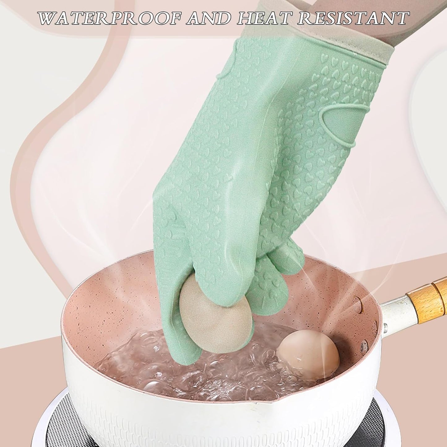 Oven Mitts with Fingers, Heat Resistant 500°F, Waterproof & Non-Slip Kitchen Gloves for Baking, Grilling, Cooking.5-Finger Design with Soft Lining, Hanging Hook,Mint Green