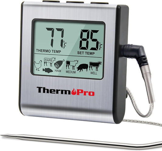 ThermoPro TP16 Large LCD Digital Cooking Food Meat Thermometer for Smoker Oven Kitchen BBQ Grill Thermometer Clock Timer with Stainless Steel Temperature Probe