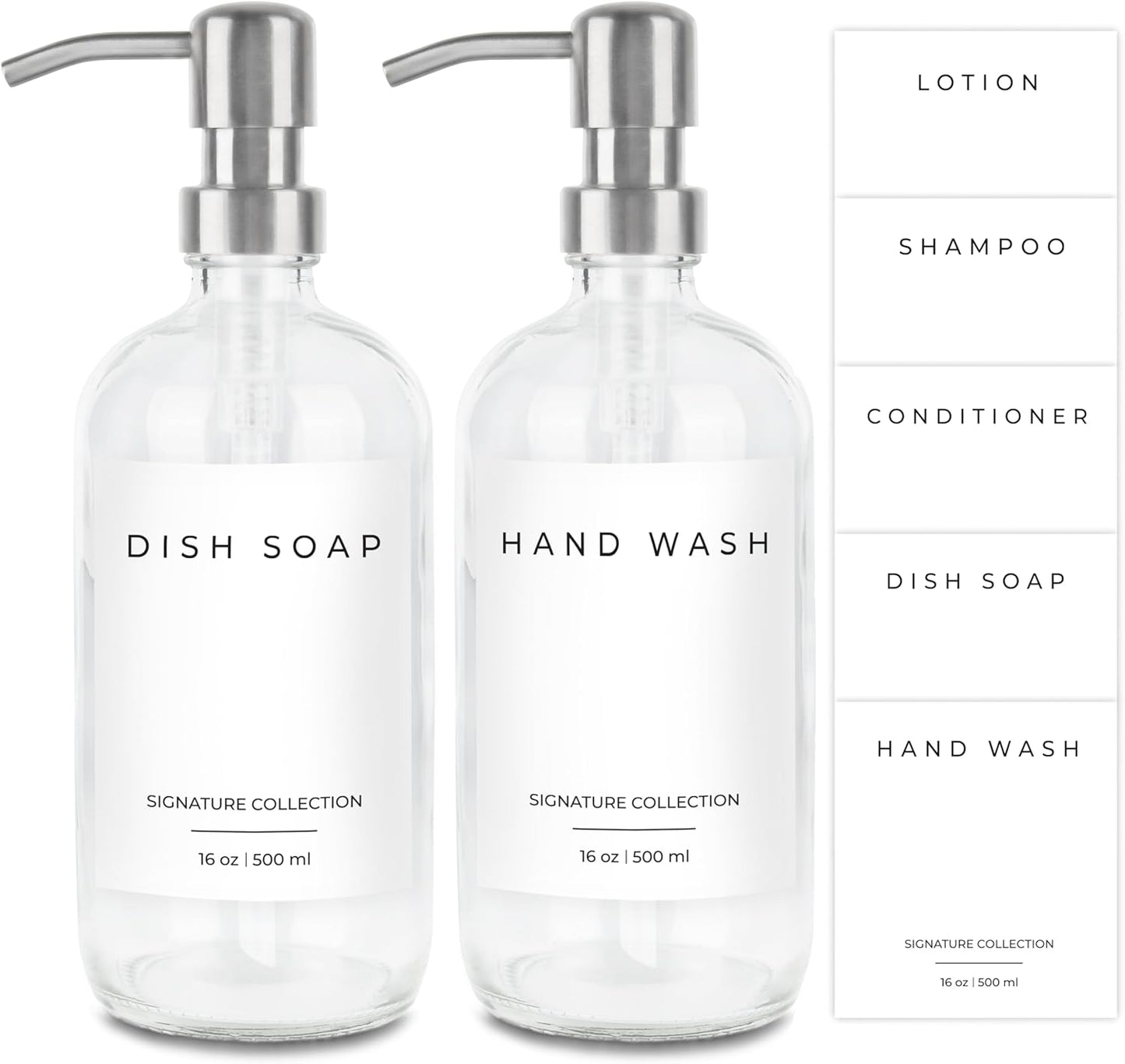 Emerson Essentials Soap Dispenser for Kitchen, Dish Dispenser for Kitchen, Bathroom Hands Set, Glass Bottles with Pump and Labels - 16 Oz, 2 Pack