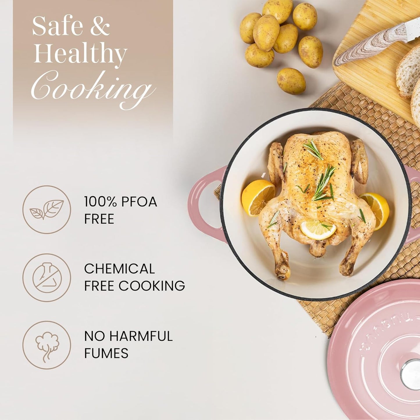 Nuovva Enamelled Cast Iron Dutch Oven Pot with Lid 6.4 Quart Non Stick Casserole Pot – Heavy Duty & Oven Safe up to 500° F for Bread Baking, Braising, Stews, Roasting – 28cm Pink