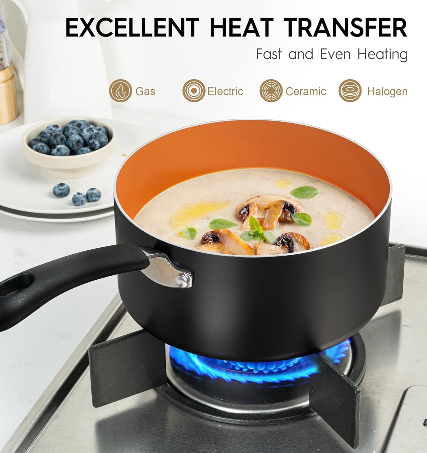 MICHELANGELO Nonstick Sauce Pan With Lid, 3QT Ceramic Saucepan, Copper Saucepans, PFAS-FREE Pot, Small Pots For Cooking, Multipurpose Cooking Pots For Home Kitchen, Dishwasher Safe