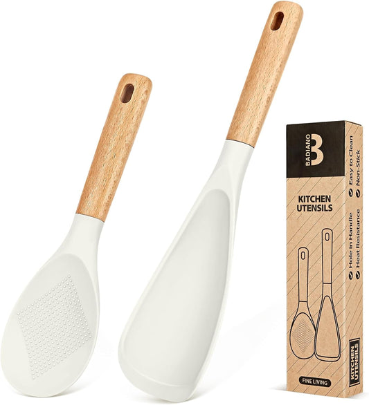 Cooking Spoon and Rice Scooper for Nonstick Cookwares, Great for Cooking and Serving Sturdy BPA-Free Matte Silicone, Wood Handle Spoon for Mixing, Scoop, and Scrape (WHITE)