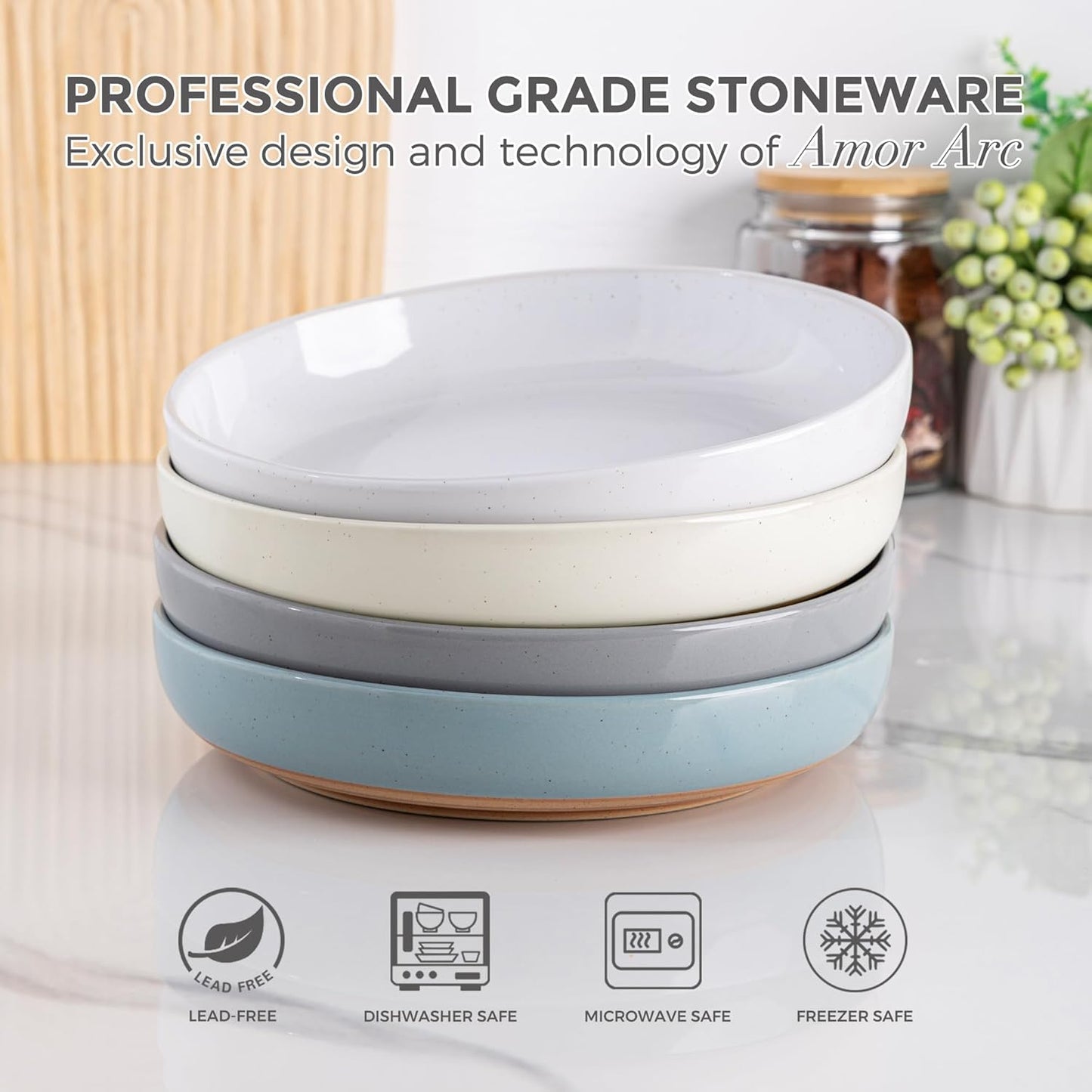 AmorArc 8.75'' Large Ceramic Pasta Bowls, 36oz Handpainted Stoneware Bowls Set of 4, Microwave&Dishwasher Safe Bowls with Rustic Terracotta Underside for Pasta Salad, Multi-Color