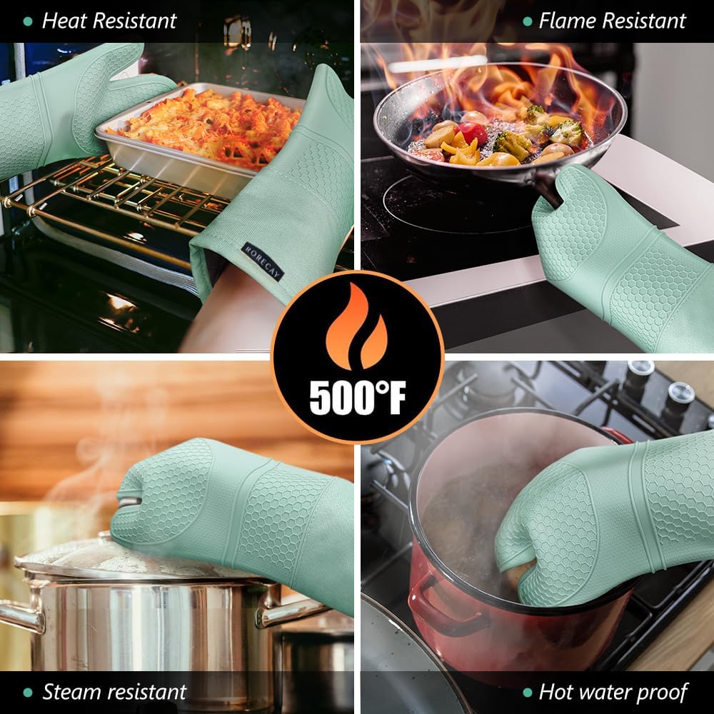 Rorecay 6pcs Oven Mitts and Pot Holders Sets Heat Resistant 500 Degrees, Extra Long Silicone Oven Gloves Non-Slip Potholders Hot Pads for Kitchen Baking Cooking, Quilted Liner, Bermuda Teal