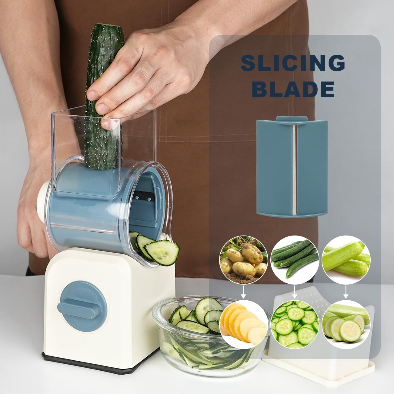 3 in 1 Cheese Grater, Rotary Cheese Grater with Handle for kitchen, Vegetable Slicer with 3 Replaceable Stainless Steel Blades,Peeler and Rubber Gloves (Blue)