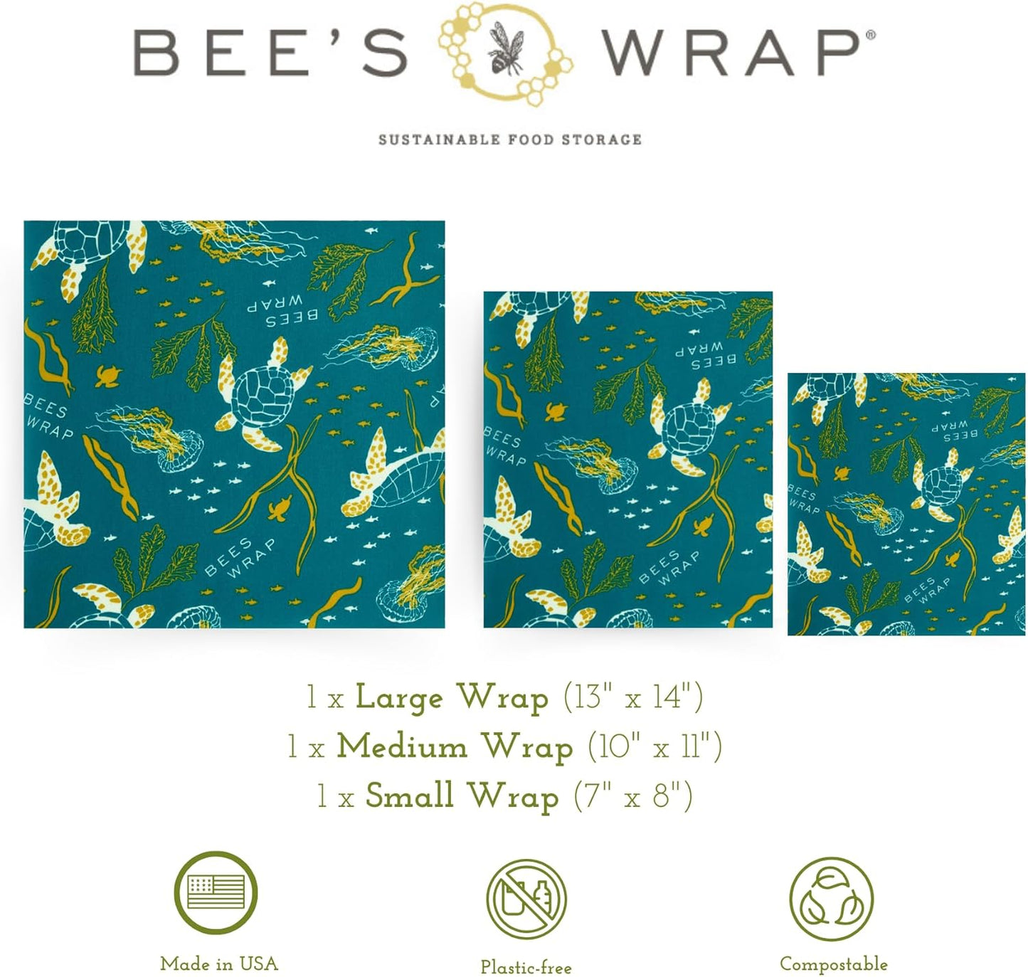 Bee's Wrap Beeswax Wraps for Food - Ocean 3 Pack (S, M, L) Made in USA Reusable & Organic Food Wraps, Sandwich Wrap & Bowl Covers - Eco-Friendly Alternative to Aluminum Foil & Plastic Wrap
