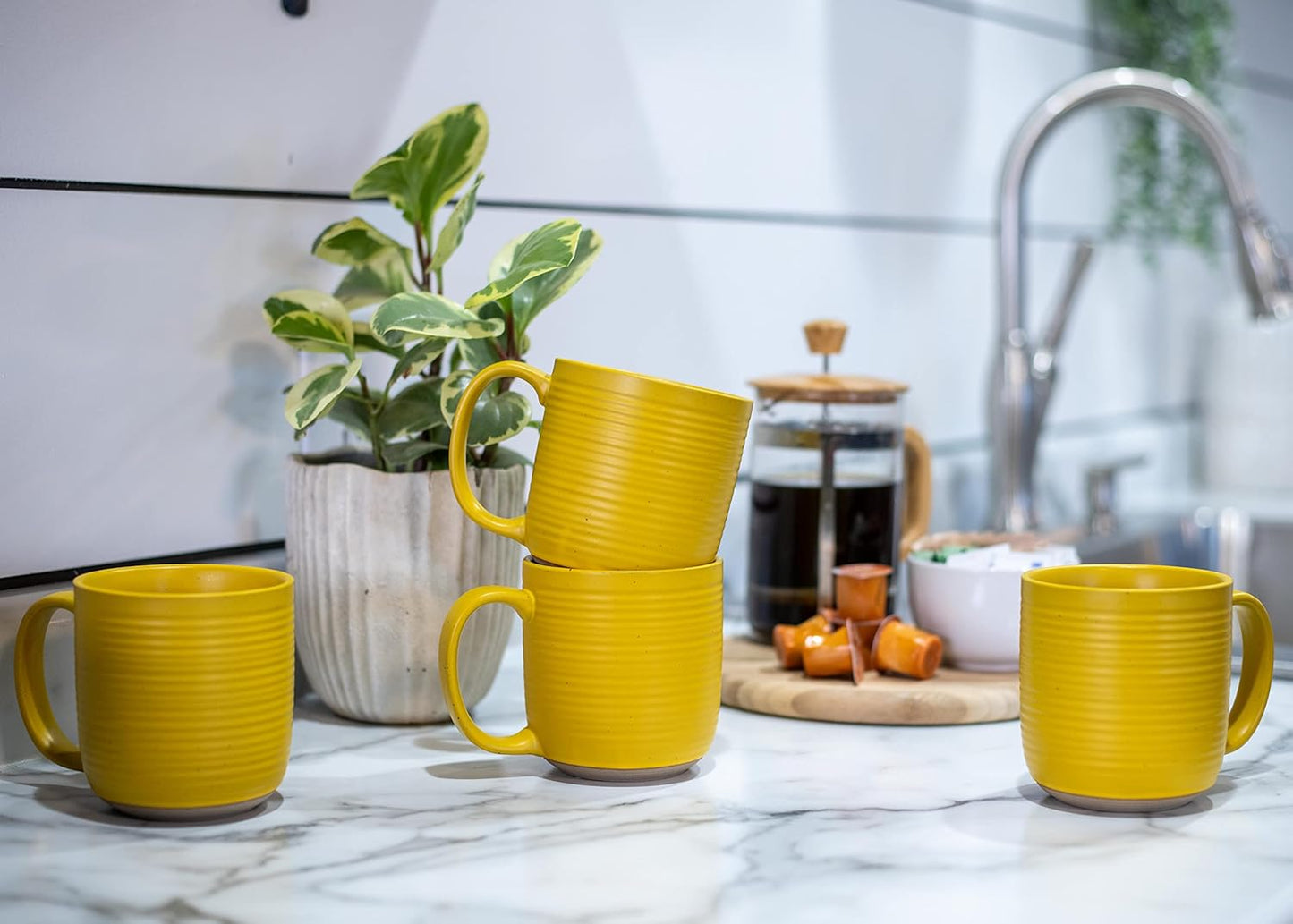Elanze Designs Ribbed Ceramic Stoneware 16 ounce Raw Clay Bottom Coffee Mugs Set of 4, Mustard